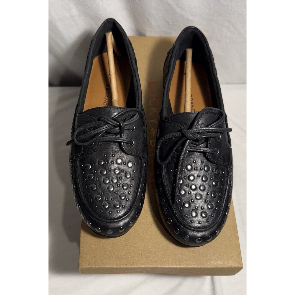 NEW Lucky Brand Womens Studded Black Leather Timini Slip On Boat Shoes Size 6